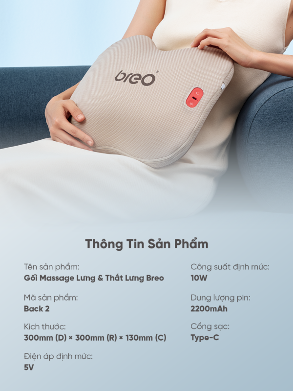 Gối Massage Lưng BREO Back 2 | Xoa Bóp Chườm Nóng – Có Dây Cài Cố Định – Sử Dụng Không Dây | Bảo hành 12 Tháng