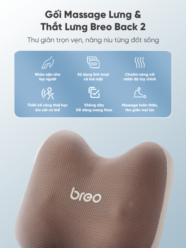 Gối Massage Lưng BREO Back 2 | Xoa Bóp Chườm Nóng – Có Dây Cài Cố Định – Sử Dụng Không Dây | Bảo hành 12 Tháng