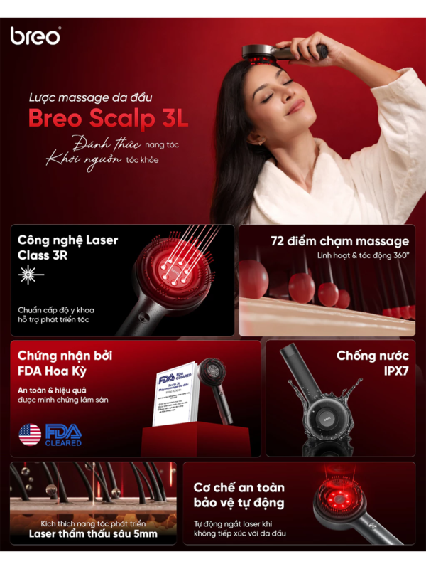 Lược Điện Massage Da Đầu BREO Scalp 3L | Ánh Sáng Laser 3R – Phát Triển Nang Tóc | Bảo hành 12 Tháng