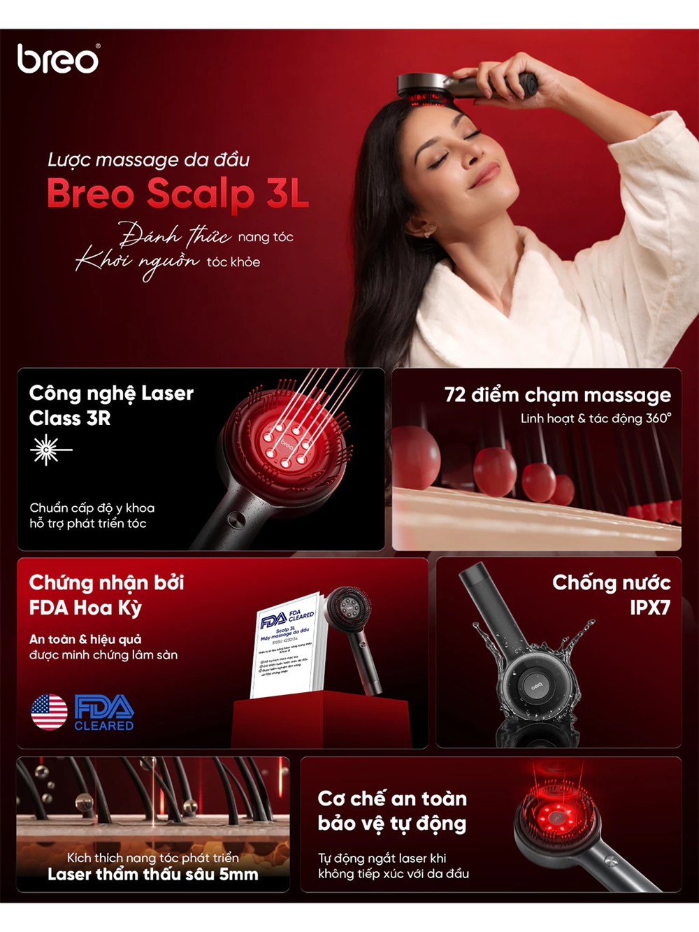 Lược Điện Massage Da Đầu BREO Scalp 3L | Ánh Sáng Laser 3R - Phát Triển Nang Tóc | Bảo hành 12 Tháng 49 Breo Scalp 3L 1