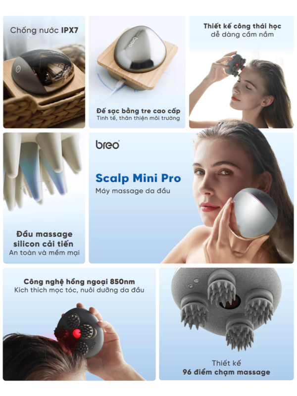Máy Massage Da Đầu BREO Scalp Mini Pro | Ánh Sáng Hồng Ngoại Kích Thích Mọc Tóc – Chống Nước | Bảo hành 12 Tháng