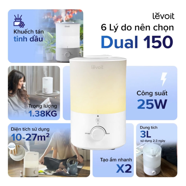 Máy Phun Sương Tạo Ẩm và Xông Tinh Dầu 2 trong 1 Levoit Dual 150 Ultrasonic | Công nghệ siêu âm – 4 cấp độ – Đèn ngủ –  Bảo hành 24 Tháng
