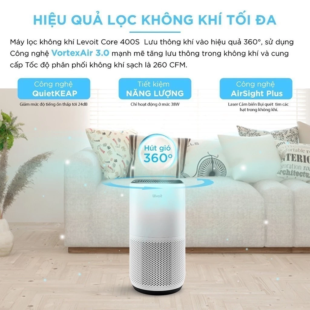 Máy Lọc Không Khí Levoit Core 400S - Lõi HEPA 3 lớp lọc bụi mịn - Đèn cảm biến chất lượng không khí - Hẹn giờ | Bảo hành 24 Tháng 46 Levoit Core 400S 1 1